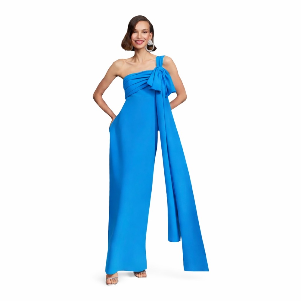 NWT Halston Olivia Crepe Gown Size 16 | One Shoulder Bow Dress, Blue Formal Maxi